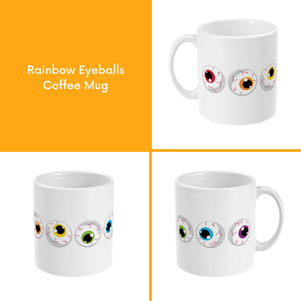 A composite image of a white coffee mug with a cartoon eyeball design in rainbow pride flag colours.