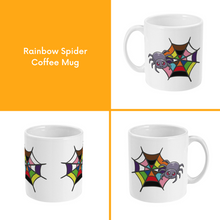 Load image into Gallery viewer, A composite image of a white coffee mug with a cartoon spider and spider web design in rainbow pride flag colours. 