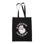Black cotton tote bag featuring the slogan Santa Says Trans Rights with an image of Santa Claus. The text is in the colours of the transgender flag; pink, blue, and white.