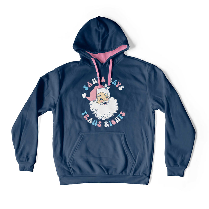 Oxford Blue hooded sweatshirt with contrasting pink inner hood and drawcords on a white background. The hoodie features the design Santa Says Trans Rights and an image of Santa Claus in the colours of the transgender flag.