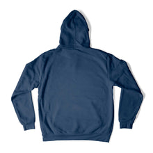 Load image into Gallery viewer, The back of a Oxford Blue hooded sweatshirt on a white background.