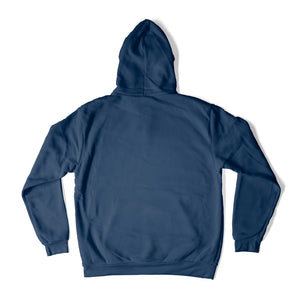 The back of a Oxford Blue hooded sweatshirt on a white background.