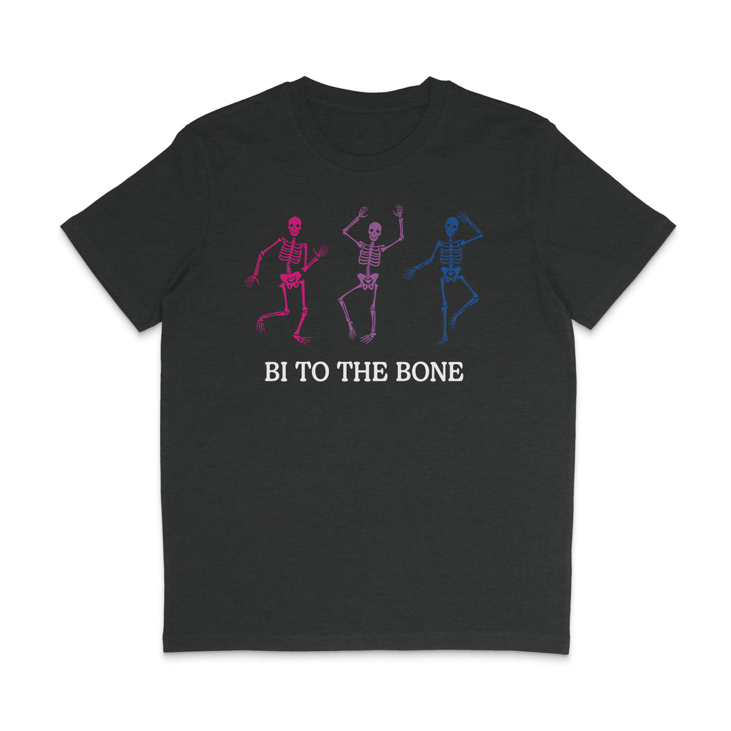 Dark Grey Heather crew neck shirt featuring the slogan Bi To The Bone alongside 3 skeletons in the colours of the bisexual flag; pink, purple, and blue