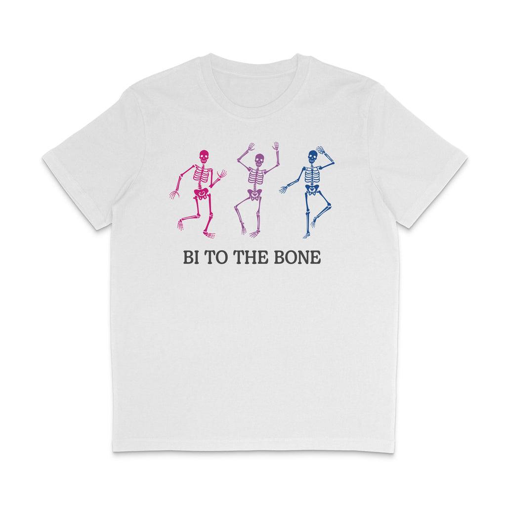 White crew neck shirt featuring the slogan Bi To The Bone alongside 3 skeletons in the colours of the bisexual flag; pink, purple, and blue