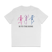 Load image into Gallery viewer, White crew neck shirt featuring the slogan Bi To The Bone alongside 3 skeletons in the colours of the bisexual flag; pink, purple, and blue