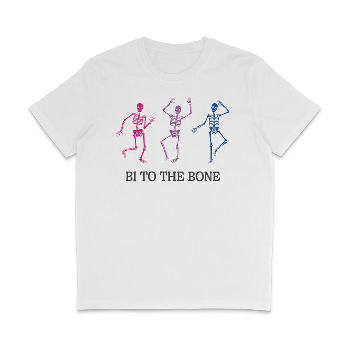 White crew neck shirt featuring the slogan Bi To The Bone alongside 3 skeletons in the colours of the bisexual flag; pink, purple, and blue