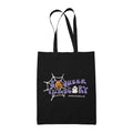 Black cotton tote bag with black handle featuring the slogan So Queer It's Scary alongside halloween icons of a pumpkin, ghost, and spiders web