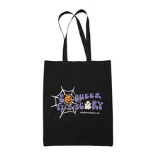 Load image into Gallery viewer, Black cotton tote bag with black handle featuring the slogan So Queer It&#39;s Scary alongside halloween icons of a pumpkin, ghost, and spiders web