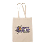 Natural cotton tote bag featuring the slogan So Queer It's Scary alongside halloween icons of a pumpkin, ghost, and spiders web