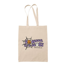 Load image into Gallery viewer, Natural cotton tote bag featuring the slogan So Queer It&#39;s Scary alongside halloween icons of a pumpkin, ghost, and spiders web