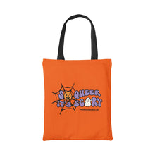 Load image into Gallery viewer, Orange cotton tote bag with black handle featuring the slogan So Queer It&#39;s Scary alongside halloween icons of a pumpkin, ghost, and spiders web