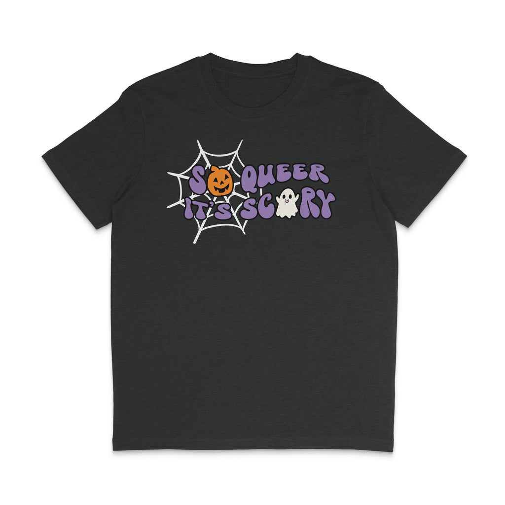 Dark Heather Grey crew neck shirt featuring the slogan So Queer It's Scary alongside halloween icons of a pumpkin, ghost, and spiders web