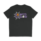 Dark Heather Grey crew neck shirt featuring the slogan So Queer It's Scary alongside halloween icons of a pumpkin, ghost, and spiders web