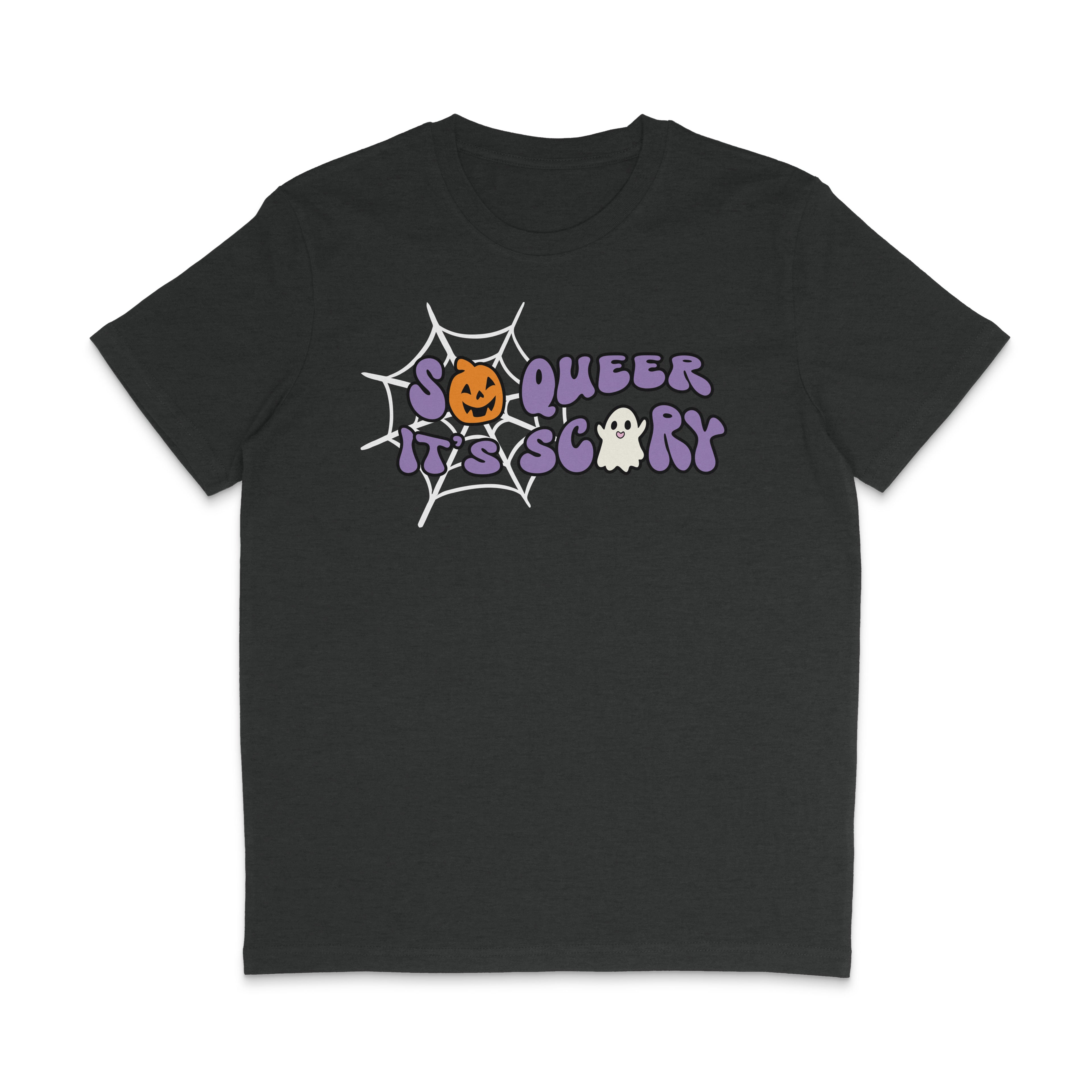 Dark Heather Grey crew neck shirt featuring the slogan So Queer It's Scary alongside halloween icons of a pumpkin, ghost, and spiders web