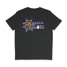 Load image into Gallery viewer, Dark Heather Grey crew neck shirt featuring the slogan So Queer It&#39;s Scary alongside halloween icons of a pumpkin, ghost, and spiders web