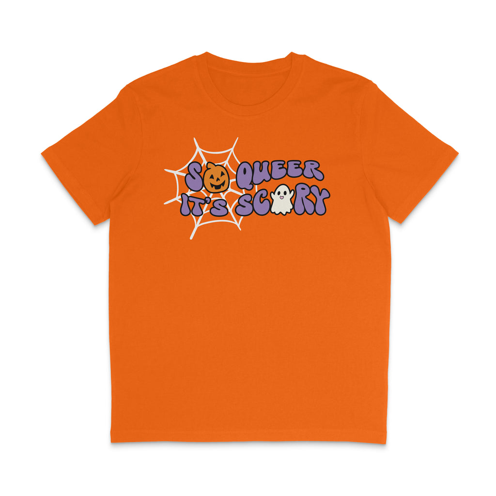 Bright Orange crew neck shirt featuring the slogan So Queer It's Scary alongside halloween icons of a pumpkin, ghost, and spiders web