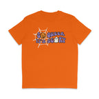 Bright Orange crew neck shirt featuring the slogan So Queer It's Scary alongside halloween icons of a pumpkin, ghost, and spiders web