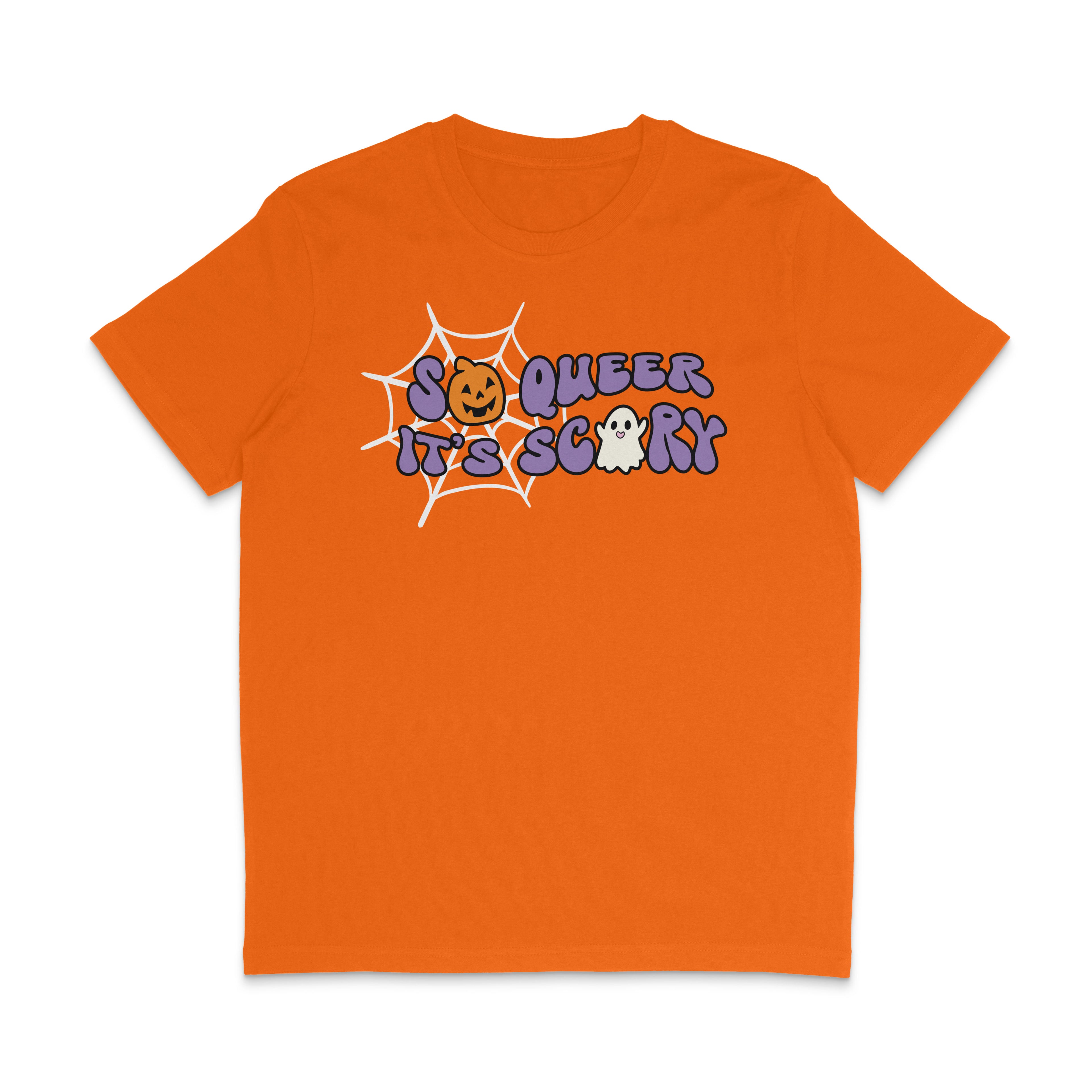 Bright Orange crew neck shirt featuring the slogan So Queer It's Scary alongside halloween icons of a pumpkin, ghost, and spiders web