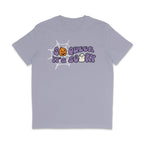 Lavender crew neck shirt featuring the slogan So Queer It's Scary alongside halloween icons of a pumpkin, ghost, and spiders web