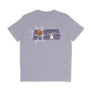 Lavender crew neck shirt featuring the slogan So Queer It's Scary alongside halloween icons of a pumpkin, ghost, and spiders web