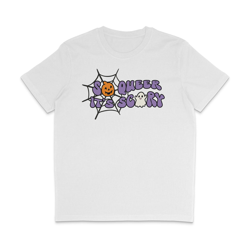 White crew neck shirt featuring the slogan So Queer It's Scary alongside halloween icons of a pumpkin, ghost, and spiders web
