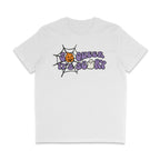 White crew neck shirt featuring the slogan So Queer It's Scary alongside halloween icons of a pumpkin, ghost, and spiders web