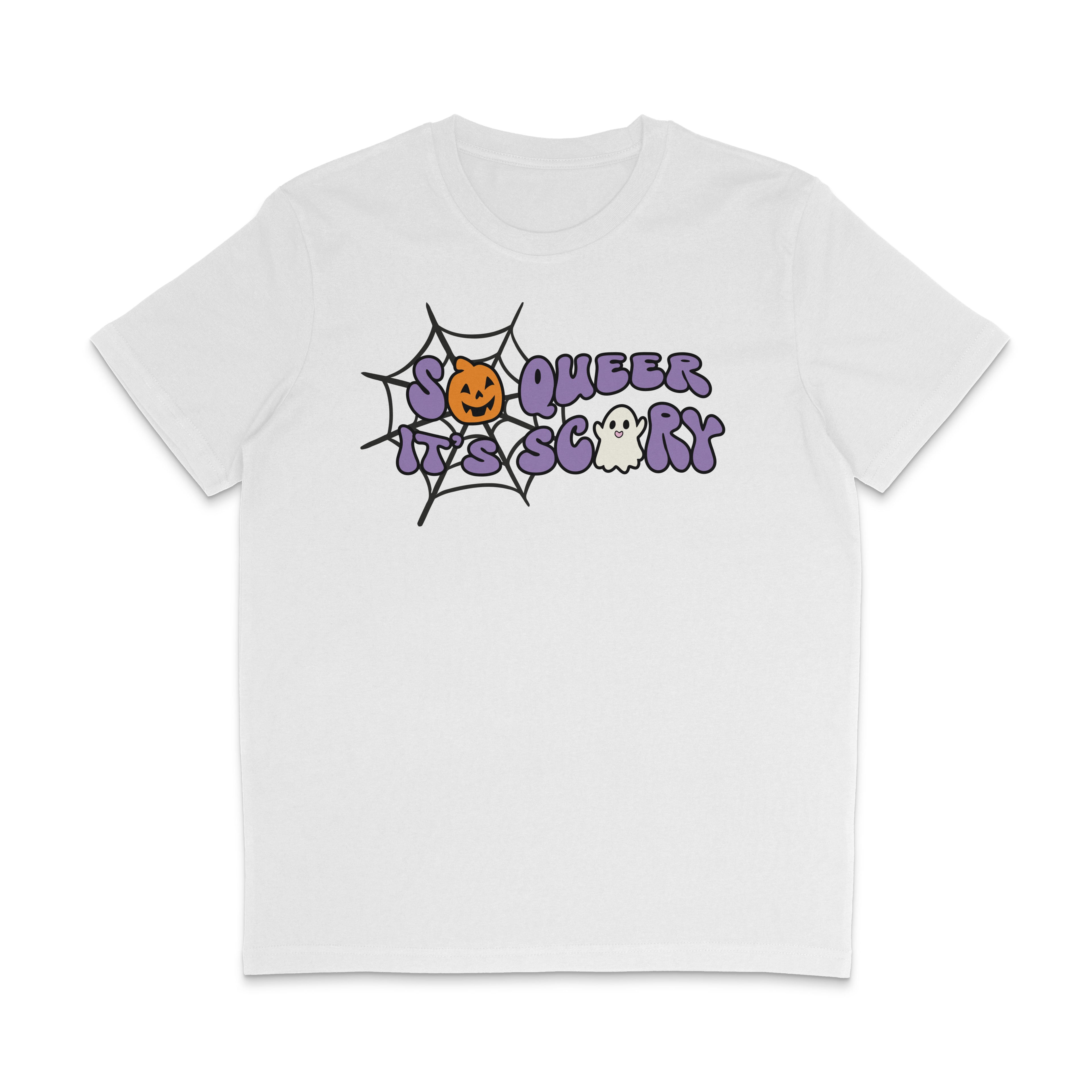 White crew neck shirt featuring the slogan So Queer It's Scary alongside halloween icons of a pumpkin, ghost, and spiders web