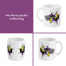 Load image into Gallery viewer, A composite image of a white coffee mug with a cartoon spider and spider web design in non binary pride flag colours. 