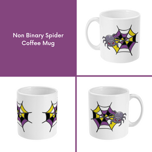 A composite image of a white coffee mug with a cartoon spider and spider web design in non binary pride flag colours. 