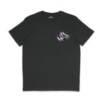 Dark heather grey t-shirt with a cute asexual pride spider and web graphic on the chest. The web is black, grey, white, and purple, matching the asexual flag colours. The spider has a smiling face.