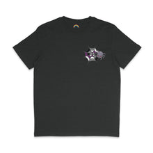 Load image into Gallery viewer, Dark heather grey t-shirt with a cute asexual pride spider and web graphic on the chest. The web is black, grey, white, and purple, matching the asexual flag colours. The spider has a smiling face.