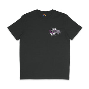 Dark heather grey t-shirt with a cute asexual pride spider and web graphic on the chest. The web is black, grey, white, and purple, matching the asexual flag colours. The spider has a smiling face.