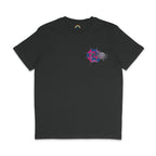 Dark heather grey t-shirt with a spider and web design in pink, purple, and blue colours, representing bisexual pride. The smiling spider is positioned near the web.