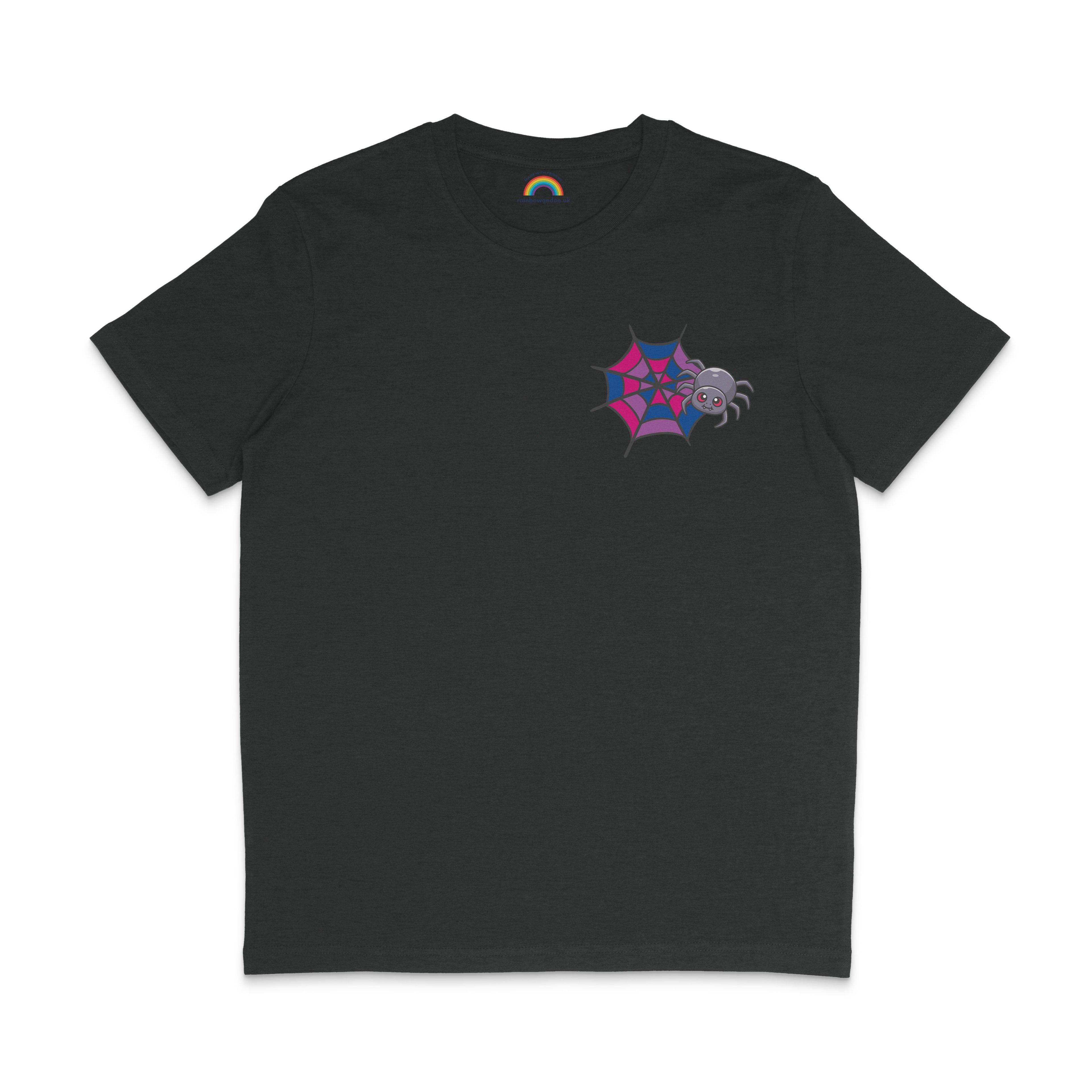 Dark heather grey t-shirt with a spider and web design in pink, purple, and blue colours, representing bisexual pride. The smiling spider is positioned near the web.