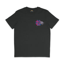 Load image into Gallery viewer, Dark heather grey t-shirt with a spider and web design in pink, purple, and blue colours, representing bisexual pride. The smiling spider is positioned near the web.