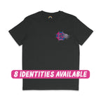 A dark heather grey t-shirt featuring a small spider and web graphic on the left chest area. The web is designed in pink, purple, and blue, representing bisexual pride colours. A smiling spider is positioned next to the web. Below the t-shirt, there is a pink banner with white text that reads "8 IDENTITIES AVAILABLE," indicating that this design comes in various LGBTQ+ identities.