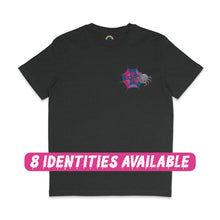 Load image into Gallery viewer, A dark heather grey t-shirt featuring a small spider and web graphic on the left chest area. The web is designed in pink, purple, and blue, representing bisexual pride colours. A smiling spider is positioned next to the web. Below the t-shirt, there is a pink banner with white text that reads &quot;8 IDENTITIES AVAILABLE,&quot; indicating that this design comes in various LGBTQ+ identities.