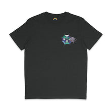 Load image into Gallery viewer, Dark heather grey t-shirt with a spider and web graphic in various shades of blue, green, and purple, celebrating gay pride. The spider is smiling.