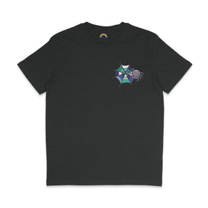 Dark heather grey t-shirt with a spider and web graphic in various shades of blue, green, and purple, celebrating gay pride. The spider is smiling.