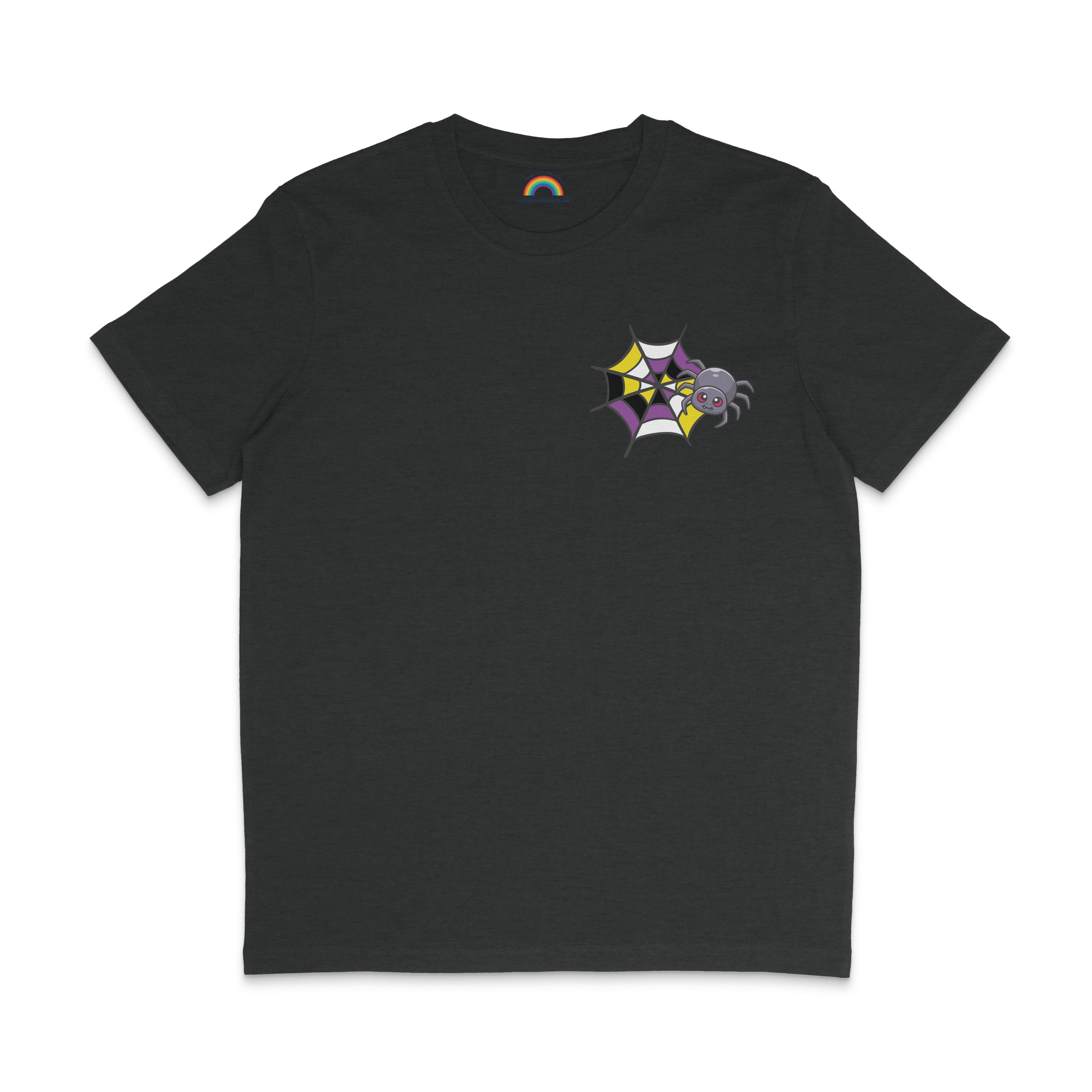 Dark heather grey t-shirt with a spider and web motif in yellow, white, purple, and black colours, symbolizing non-binary pride. The spider has a happy expression.