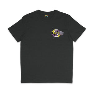 Dark heather grey t-shirt with a spider and web motif in yellow, white, purple, and black colours, symbolizing non-binary pride. The spider has a happy expression.