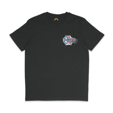 Load image into Gallery viewer, Dark heather grey t-shirt with a spider and web design in light blue, pink, and white, reflecting transgender pride. The spider is smiling.