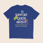 Back of a royal blue organic cotton t-shirt featuring a large "Support Queer Artists" graphic with colourful illustrations and the slogan "Community Over Corporations."