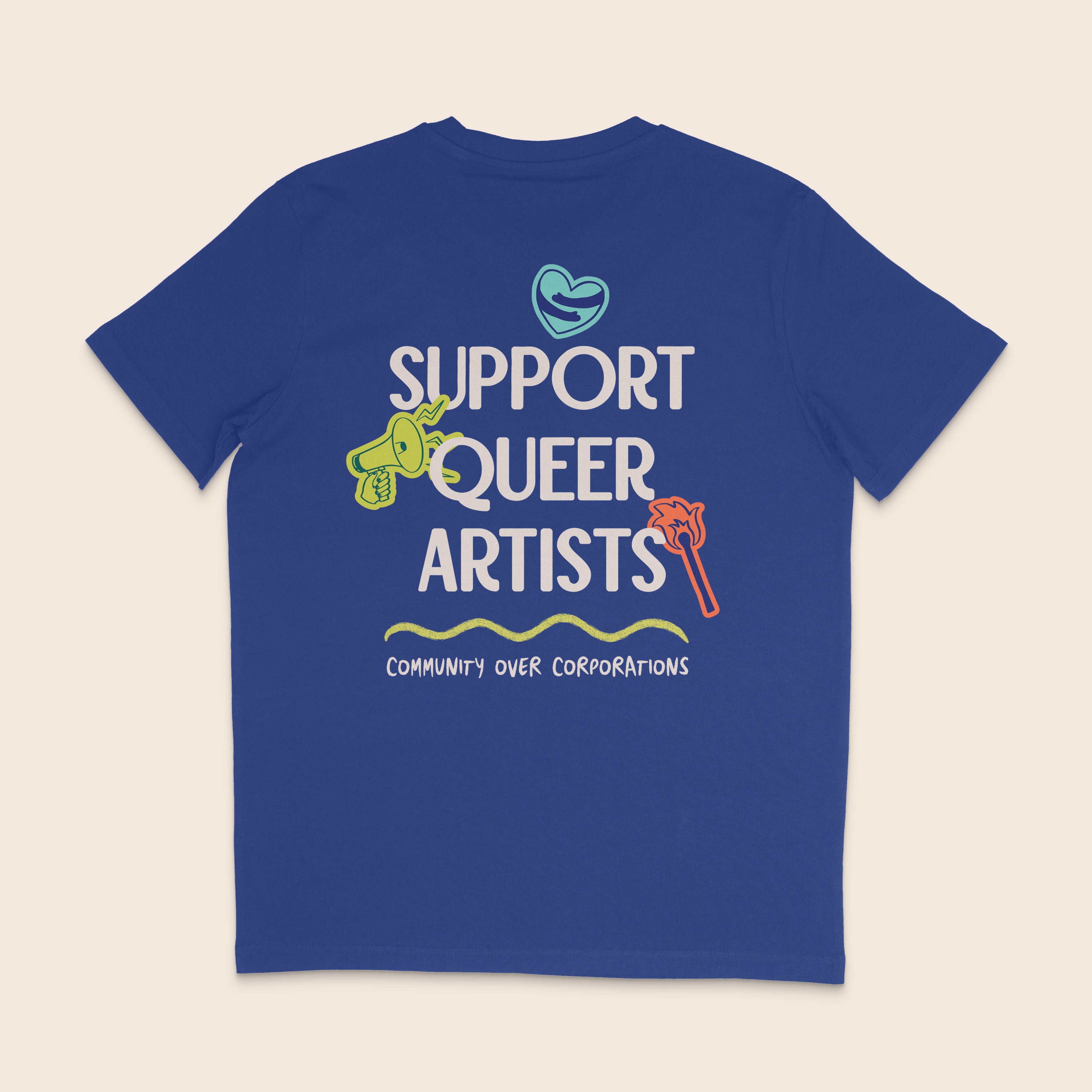 Back of a royal blue organic cotton t-shirt featuring a large "Support Queer Artists" graphic with colourful illustrations and the slogan "Community Over Corporations."