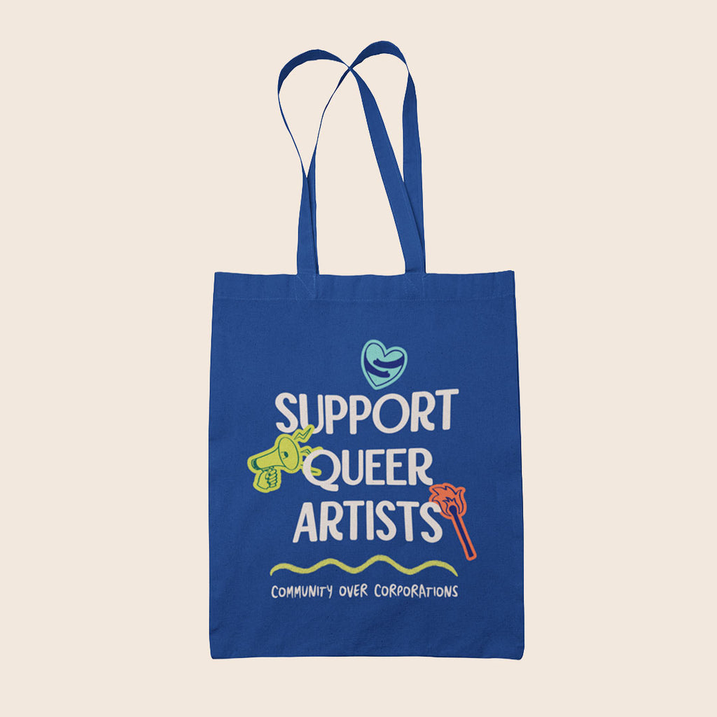 Royal blue cotton tote bag featuring the words "Support Queer Artists" with colourful illustrations and the slogan "Community Over Corporations".