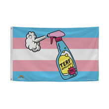 Load image into Gallery viewer, TERF Repellent flag - Trans flag background with a spray bottle labelled &#39;TERF Repellent&#39; 