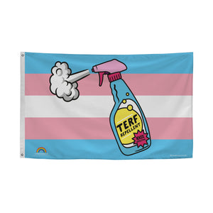 TERF Repellent flag - Trans flag background with a spray bottle labelled 'TERF Repellent' 