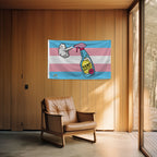 Transgender pride flag with a cartoon design of a spray bottle labeled 'TERF Repellent' in a room with wooden walls and a brown leather chair.