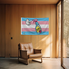 Load image into Gallery viewer, Transgender pride flag with a cartoon design of a spray bottle labeled &#39;TERF Repellent&#39; in a room with wooden walls and a brown leather chair.