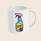 A white ceramic mug is shown side-on with a single illustration of the TERF Repellent spray bottle in the centre. The bottle has a pink nozzle, blue body, and yellow label with the words “TERF REPELLENT” and a pink burst that reads “100% EFFECTIVE.” The image is clean and well-lit with a neutral background.